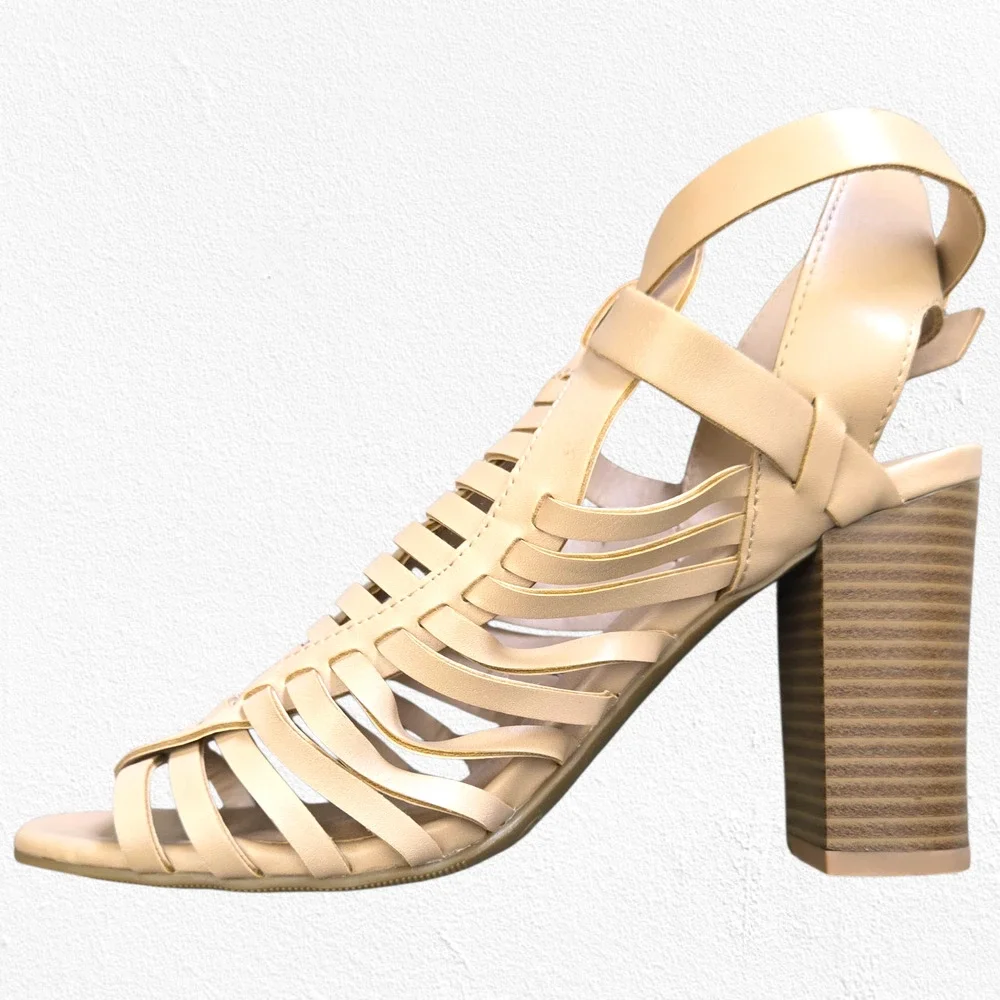 American Eagle Nude Gladiator Block Heel Sandals Size 5.5W – Strappy Caged Heels